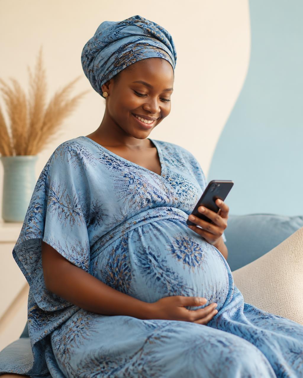 Pregnant mother using Arieli on her phone